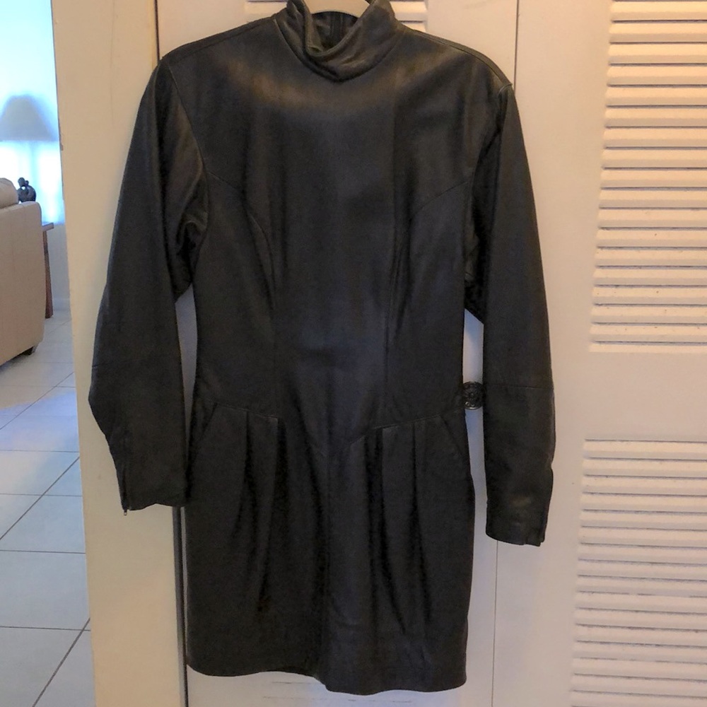 Vintage high collar black pure leather dress